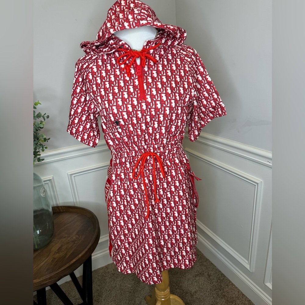 Red and White Hooded Knee-Length Dress